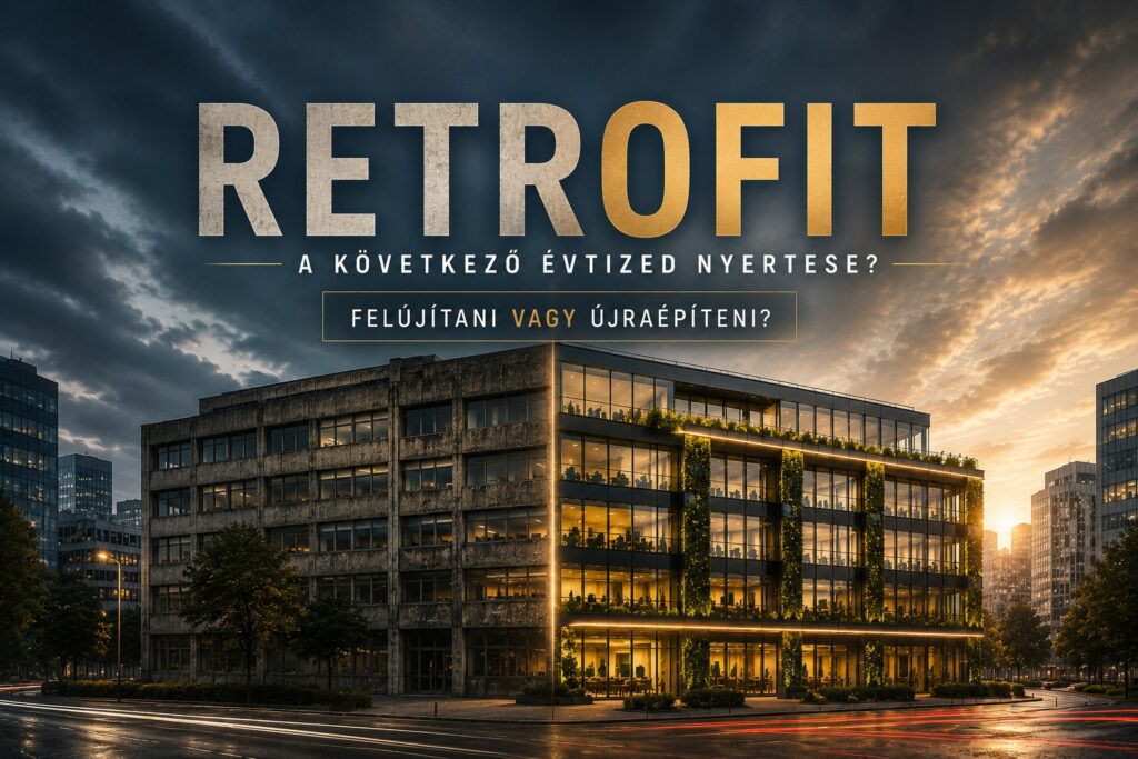 Egy irodaház retrofit átalakítása, amely bemutatja a régi és a korszerű, fenntartható irodaépület közötti különbséget.