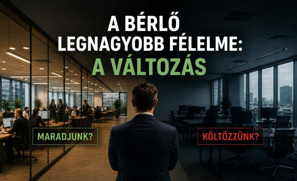 Vállalati döntéshozó áll két iroda között, miközben a maradás és a költözés lehetőségét mérlegeli.