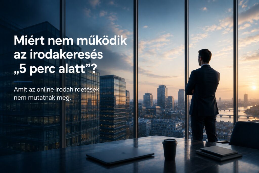 Miért nem működik az irodakeresés 5 perc alatt? Modern iroda panorámával, amely az üzleti döntések és a professzionális irodakeresés fontosságát szemlélteti.
