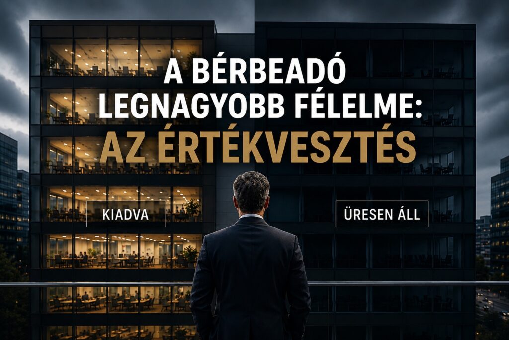 Bérbeadó egy modern irodaház előtt, ahol a kiadott és az üresen álló irodaterületek közötti különbség az ingatlan értékére gyakorolt hatást szemlélteti.